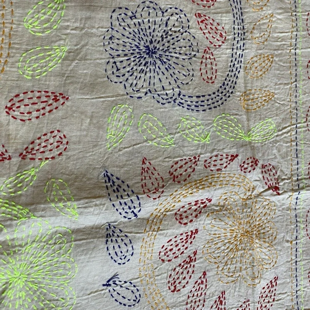 Vintage Handmade Kantha Embroidered Coverlet 80x92 Multicolor Floral Boho